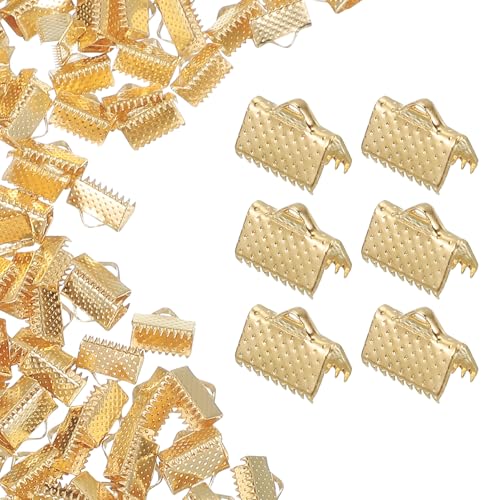uxcell 200Pcs Ribbon Ends, 10mm Ribbon Crimp Clamp End Bookmark Leather Pinch Crimps Cord Ends, Foldable Clasps Crimp End for Necklace Bracelet DIY Craft Making, Light Gold - color: Light Gold, size: 10mm