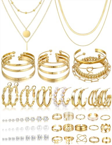 YEEZII 56 Pcs Gold Jewelry Set for Women with 5Pcs Layered Necklace, 5Pcs Layered Necklace, 12 Bracelets, 4 Hoop Earrings, 8 Stackable Rings, 10 hairpins, 12 Studs Earrings Jewerly set for Women - color: Gold-B
