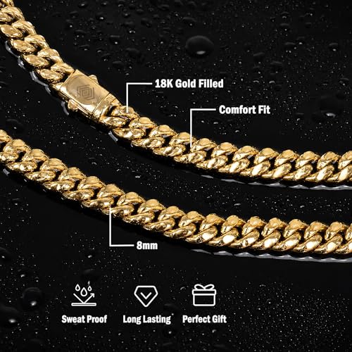 Hip Hop 18K Gold Cuban Link Chain for Men, 8mm Miami Cuban Necklace 316L Stainless Steel, Gold & Silver Available, Quick Lock Button Clasp, Anti-Tarnish Skin Friendly Mens Jewelry Gifts, 18-24" - color: Gold