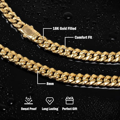 Hip Hop 18K Gold Cuban Link Chain for Men, 8mm Miami Cuban Necklace 316L Stainless Steel, Gold & Silver Available, Quick Lock Button Clasp, Anti-Tarnish Skin Friendly Mens Jewelry Gifts, 18-24" - color: Gold