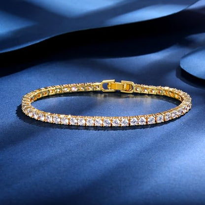 Gemsme 4 Prong Tennis Bracelet, 18K White/Yellow Gold Plated 3mm Round Cubic Zirconia Bracelet for Women Size 6-8.5 Inch - color: Gold Plated, size: 8.5 inch