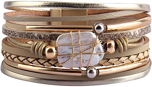 Fesciory Leather Wrap Bracelet for Women, Boho Western Layered Cuff Jewelry | Stackable Bracelets, Easy-On Clasp, Daily Wear, Pairs with Boho Western Outfits, Gift for Women - color: Gold6
