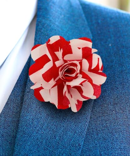 Premium Men's Formal Striped Flower Lapel Pin - Boutonniere for Men, Flower Brooch Pin - color: Red/White