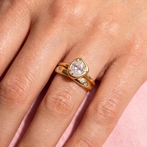 18K Gold & Silver Plated Stackable Ring Set for Women, CZ Curved Wave Stacking Bands, Statement Promise Rings for Wedding Engagement, Trendy Dainty Jewelry Gift - color: Gold 3