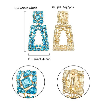 Flyonce Rectangle Clip-on Drop Earrings for Women, Sparkly Rhinestone Crystal Geometric Statement Non Pierced Earring Wedding Prom Party Jewelry for Brides Bridesmaid - color: Light Blue