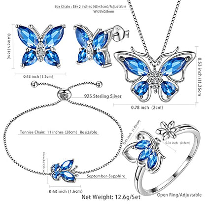 Aurora Tears Butterfly Jewelry,Women 925 Sterling Silver Butterflies Birthstone Pendant Necklace/Earrings/Rings Wedding Gift - color: I.September-set 3