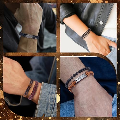 13PCS Boho Cowhide Leather Woven Wrap Bracelets Adjustable Braided Leather Wrist Cuff Stackable Multilayered Hemp Cords Ethnic Tribal Wooden Beads Wristband Bracelets Set for Men Women
