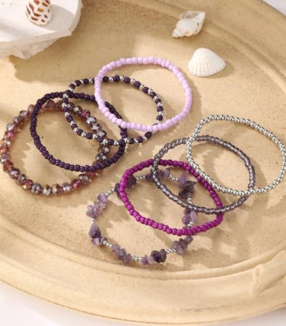 Noessla Boho Beaded Bracelets for Women Stackable Irregular Natural Stone Bead Stretch Bracelet Set 8PCS Costume Jewelry Gifts for Her - color: Purple
