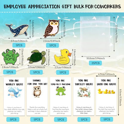 SOWPOPY 25/50/100 Sets Employee Appreciation Gifts Bulk Small Staff Thank You Gift with Inspirational Cards, Cute Animal Lapel Pins Team Appreciation Ideas for Office Coworkers, Teachers, Students