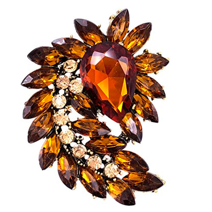 SELOVO Marquise Shape Rhinestone Red Leaf Costume Brooch Pin Jewelry Antiqued Gold Tone - color: Brown