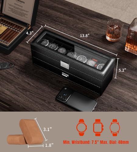 Watch Case Box for Men - 7 SLots Watches Storage Organizer Real-Glass Display Case with Jewelry Drawer 2-Layer Ti Pu Leather Collection Holder Gift for Love Ones Metal Black - size: 7 Slots, Metal Black