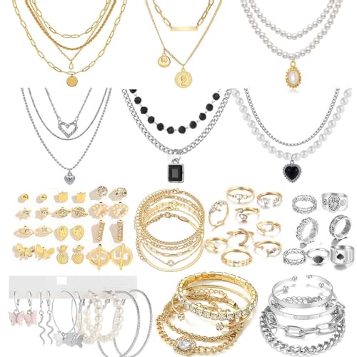 73 Pcs Gold Jewelry Set with 6Pcs Layered Necklace, 11 Pcs anklet and 7Pcs Earring Ear Cuff,12Hoop Earrings ,15pcs Rings,21pcs stud earrings Jewerly set for Women Pack for Friendship Party Gift - style: AAA-GD+SL