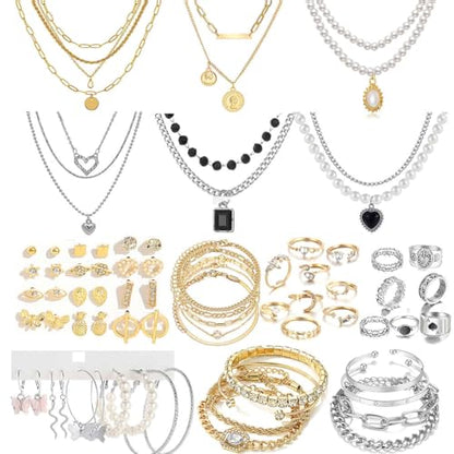 73 Pcs Gold Jewelry Set with 6Pcs Layered Necklace, 11 Pcs anklet and 7Pcs Earring Ear Cuff,12Hoop Earrings ,15pcs Rings,21pcs stud earrings Jewerly set for Women Pack for Friendship Party Gift - style: AAA-GD+SL