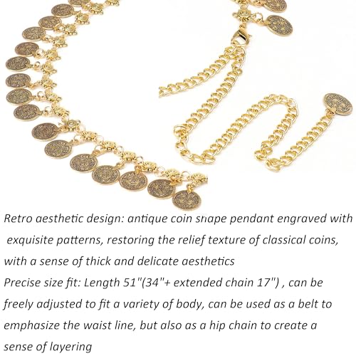 Women Waist Chain Gold Coin Belt Body Chain Metal Link Multilayer Pendant Waist Belt for Prom Party Festival