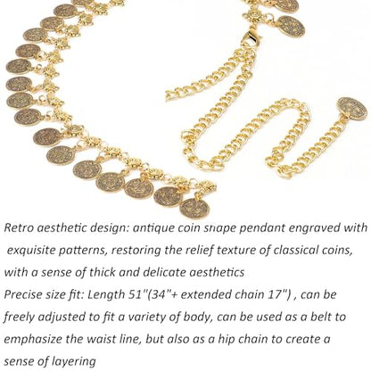 Women Waist Chain Gold Coin Belt Body Chain Metal Link Multilayer Pendant Waist Belt for Prom Party Festival