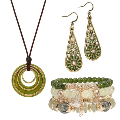 Western Jewelry Sets for Women Boho Jewelry, Layer Bohemian Necklace Earrings Bracelet, Cowgirl Accessory Rodeo Summer Beach - color: Green