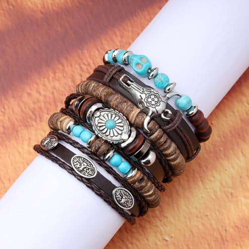 Braided Faux Leather Bracelet Punk Cuff Wrap Bracelets for Men Women Skull,Star,Bull bracelets - color: A5:6PCS