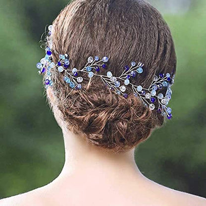 Bride Wedding Hair Vine Blue Rhinestones Bridal Hair Accessories Beaded Headband Hair Piece for Women and Girls (27.5 Inches) - color: Silver