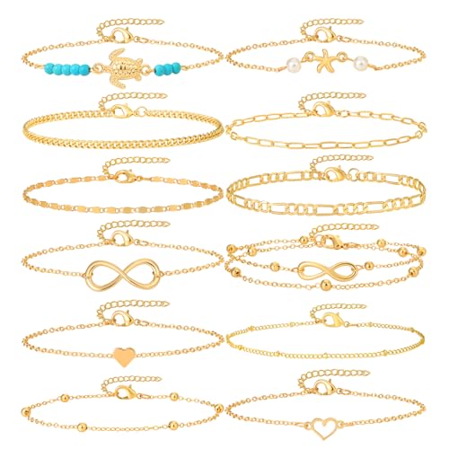 Starain 12Pcs Summer Beach Anklets for Women Waterproof Gold Silver Chain Ankle Bracelets Cute Women's Foot Anklet Set 7.9-10.5 inch Adjustable - color: 12Pcs Gold Anklets