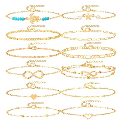 Starain 12Pcs Summer Beach Anklets for Women Waterproof Gold Silver Chain Ankle Bracelets Cute Women's Foot Anklet Set 7.9-10.5 inch Adjustable - color: 12Pcs Gold Anklets