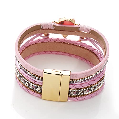 Suyi Multilayer Leather Wrap Bracelet Heart-Shape Wide Bracelets for Women - color: Pink