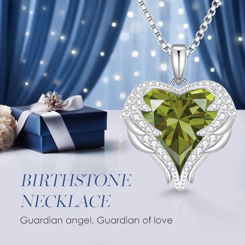 CDE Angel Wings Heart Birthstone Pendant Necklace Gift for Women | Silver/Gold Tone,Ideal Birthday & Anniversary Jewelry Gift for Wife,Girlfriend,Her - color: White-08-Aug-Peridot Green Birthstone