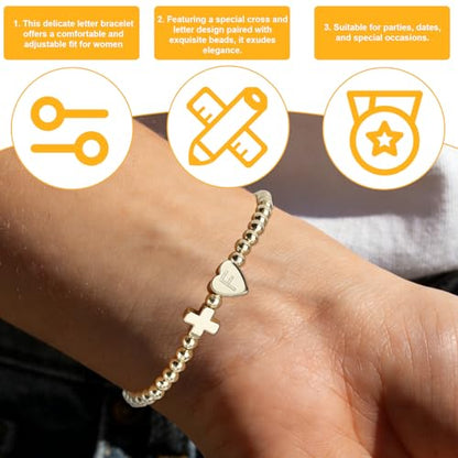 Mikovivi Women's Cross Bracelet with Initial Beads, Elastic Heart Alphabet Charm Stackable Beaded Bracelet Religious Christian Jewelry Gift - style: Letter F