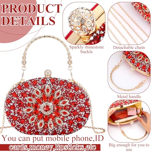 Quelay 4 Pcs Purse Rhinestone Jewelry Set Women | Wedding Bridal Prom Jewelry Sparkly Clutch Handbag with Necklace Bracelet Dangle Earrings Shiny Costume Kit - color: Red, style: Elegant
