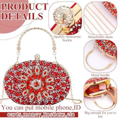 Quelay 4 Pcs Purse Rhinestone Jewelry Set Women | Wedding Bridal Prom Jewelry Sparkly Clutch Handbag with Necklace Bracelet Dangle Earrings Shiny Costume Kit - color: Red, style: Elegant