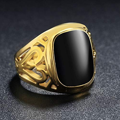 Star Jewelry Signet Pinky Ring with Black Square Enamel 18K Gold Plated for Men and Women Size 6-14