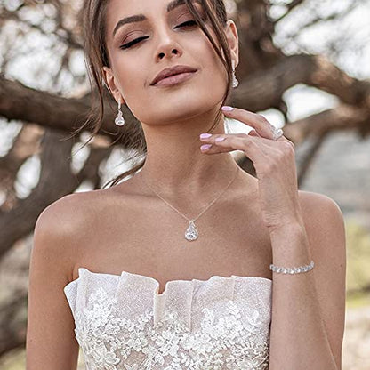 EVER FAITH Wedding Jewelry Set for Bride Bridesmaid, Glamour Teardrop Cubic Zirconia Pendant Necklace Earrings Tennis Bracelet Open Ring Sets for Birthday/Valentine's Day/Mother's Day/Christmas - color: A_Clear Silver-Plated-Brass
