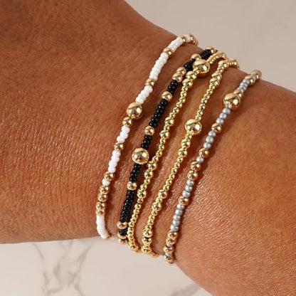 Stack Small Seed Bead Bracelets Set for Women, Boho Handmade Colorful Stretch Accessories Jewelry, Summer Beach Daily Wear Holiday Friendship Gift - color: Black