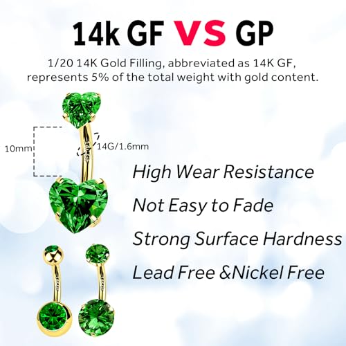 2pcs 14k Gold Filled Belly Button Rings, 14G 8mm/10mm/12mm Threaded Barbell Belly Button Piercing, Navel Ring Piercing Jewelry - color: 14K GF-2pcs-Green Heart CZ-10mm