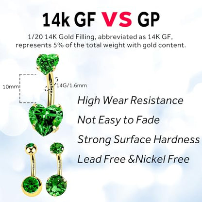 2pcs 14k Gold Filled Belly Button Rings, 14G 8mm/10mm/12mm Threaded Barbell Belly Button Piercing, Navel Ring Piercing Jewelry - color: 14K GF-2pcs-Green Heart CZ-10mm