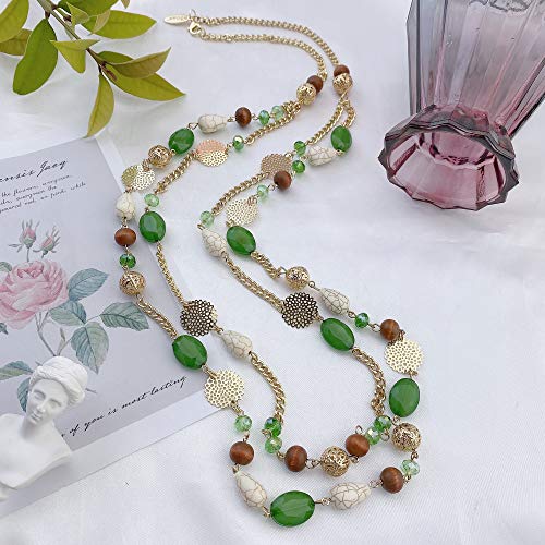 Bocar Long Necklaces for Women Trendy, Boho Layered Crystal Beaded Collar Necklaces for Women, Fashion Statement Necklaces Jewelry - color: Green