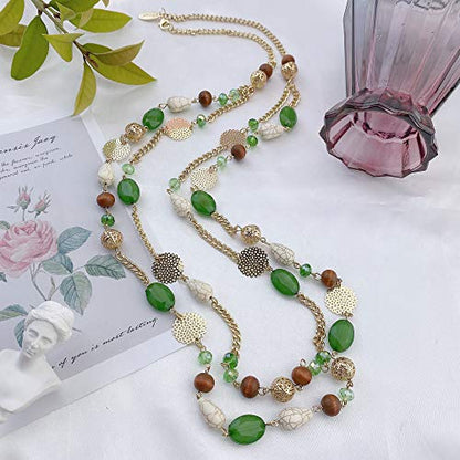 Bocar Long Necklaces for Women Trendy, Boho Layered Crystal Beaded Collar Necklaces for Women, Fashion Statement Necklaces Jewelry - color: Green