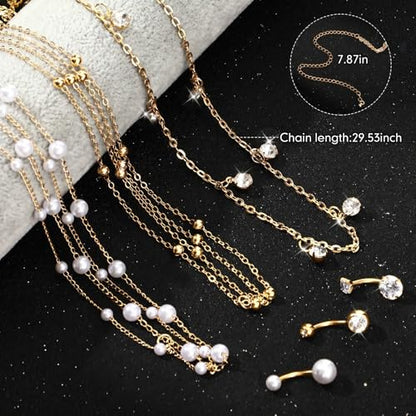 Hicarer 3 Pieces Crystal Belly Ring with Chain Rhinestone Waist Body Chain Bikini Belly Jewelry Beach Accessories Jewelry for Women Adults - color: Gold, style: Elegant Style