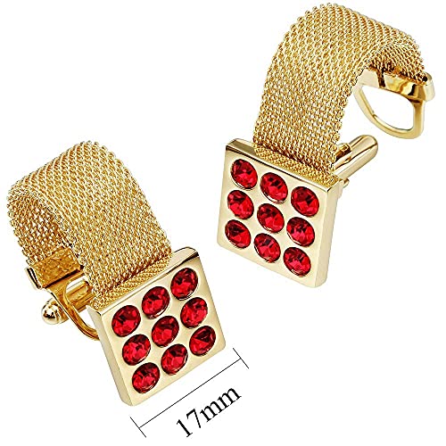 HAWSON Mens Cufflinks with Chain - Stone and Shiny Gold Tone Shirt Accessories - Party Gifts for Young Men - color: 24K Gold Color+Siam Red Crystal 1