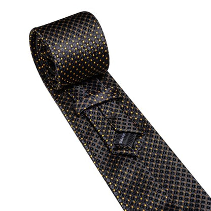 YOHOWA Men Plaid/Striped Ties Clip Set Silk Necktie Pocket Square Cufflinks | Woven Classic,Formal/Casual Mens Tie,Pocket Square Cufflinks Set,Luxury,Business,Wedding,Party,Prom,Graduation - color: Black Gold a