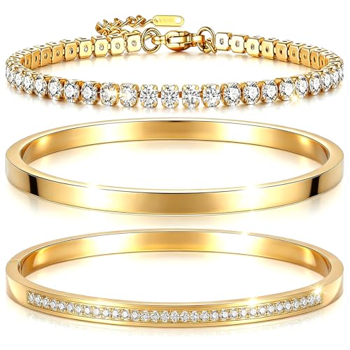 Camhanno Stackable Silver Bracelets for Women Stainless Steel Love & Friendship Bangle, Mothers Day Valentines Birthday Christmas Jewelry Gifts for Mom Her Wife Grandma - style: Gold Bracelet Stack 3pcs