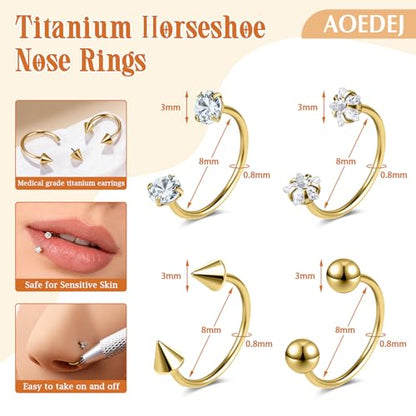 AOEDEJ 20G Titanium Horseshoe Nose Rings Internally Threaded Septum Jewelry Lip Rings Hoop Labret Jewelry Spike CZ Ball Horse Shoe Nose Ring Hoops for Women Men - style: Gold-8mm
