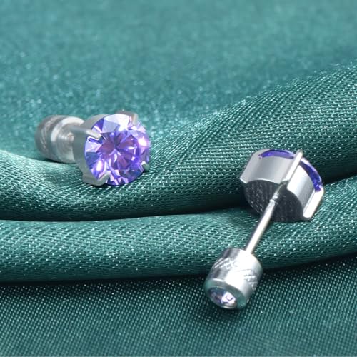 Titanium Flat Back Surgical Stainless Steel Stud Earrings for Women Men,Birthstone Stud Earrings Hypoallergenic Double Side 5A Cubic Zirconia Studs Jewelry 6mm - color: Silvery-Purple Cz