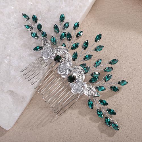 3D Silver Flower Hair Comb with Green Crystal for Wedding Brides Women Banquet Prom Hair Piece Handmade Side Headpiece (Green) - color: Green