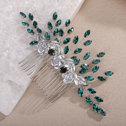 3D Silver Flower Hair Comb with Green Crystal for Wedding Brides Women Banquet Prom Hair Piece Handmade Side Headpiece (Green) - color: Green