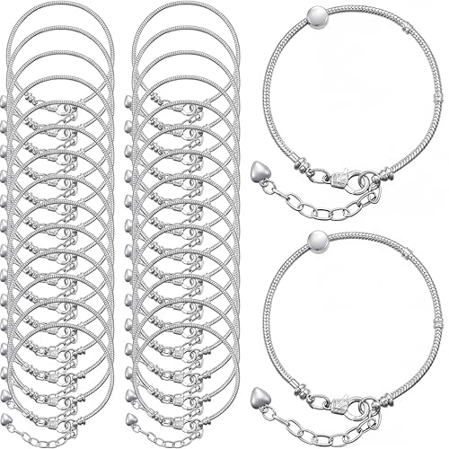 Hicarer 30 Pieces 7.87 Inch Snake Charm Bracelet Chain Bracelet Chains with Heart Lobster Clasp Extender for Women DIY Jewelry Crafts Supplies, Silver - color: silver
