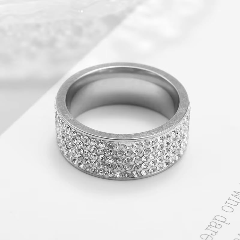 Multi Row Rhinestone Stainless Steel Band Ring Jewelry for Women | Multi rows shiny rhinestones, durable stainless steel, stylish band, ideal birthday holiday gift jewelry for women - color: silvery
