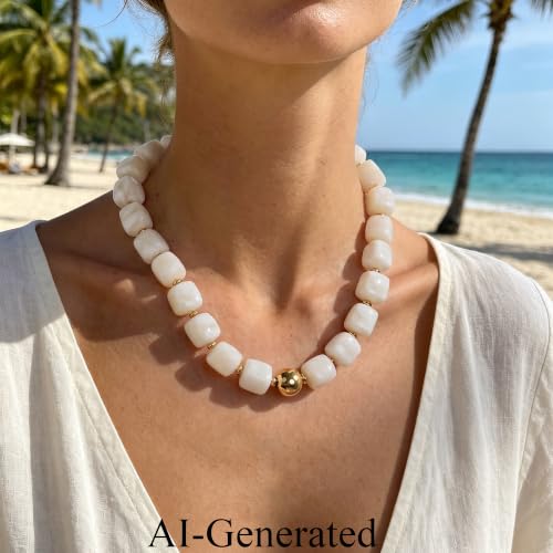 Ritach Chunky Beaded Necklaces for Women - Colorful Large Square Acrylic Beaded Necklace Boho Chunky Necklace Adjustable Statement Choker Necklace for Women Waterproof Summer Beach Jewelry Gifts - color: White