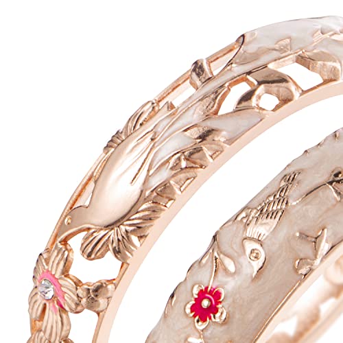 UJOY Cloisonne Indian Bangle Colored Crystal Plated Hinge Cuff Bracelet Hollowed Bird Enamel Jewelry Gift 55C49 - color: 2 Pcs/set-Bird-Cream White