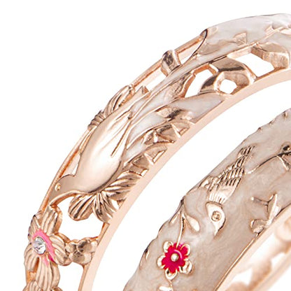 UJOY Cloisonne Indian Bangle Colored Crystal Plated Hinge Cuff Bracelet Hollowed Bird Enamel Jewelry Gift 55C49 - color: 2 Pcs/set-Bird-Cream White