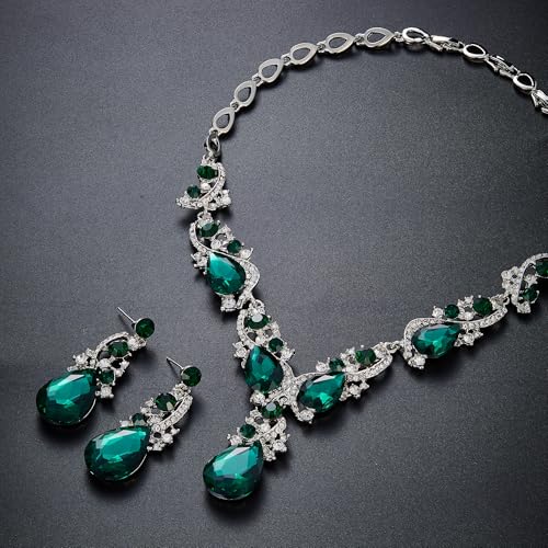 Women's Wedding Bridal Crystal Multi Teardrop Cluster Statement Necklace Dangle Earrings Set - color: 04-Emerald Color Silver-Tone